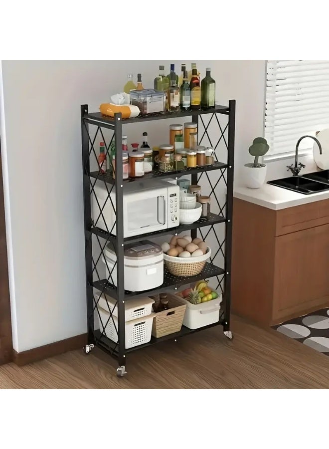 Kitchen storage rack, heavy-duty metal shelving unit on a rotating trolley for garage, kitchen, basement, pantry, 4-layer folding thickened storage shelves with wheels, - Image 5