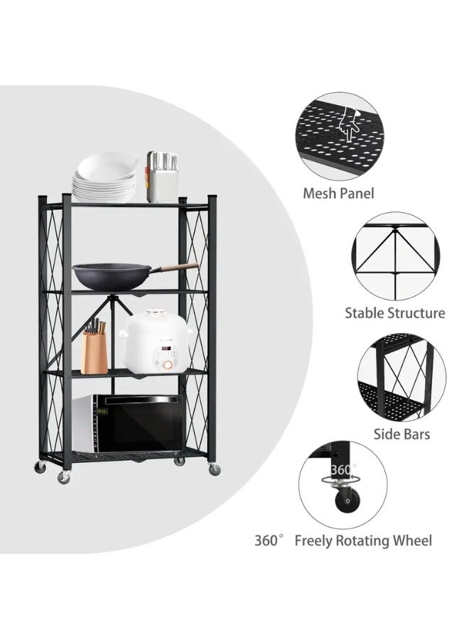 Kitchen storage rack, heavy-duty metal shelving unit on a rotating trolley for garage, kitchen, basement, pantry, 4-layer folding thickened storage shelves with wheels, - Image 4