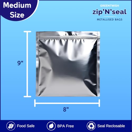 GREENTWISH Zip 'N' Seal (30 Bags) Metallised Silver Zip Lock Bags, Reusable Sandwich and Food Storage Bag, Airtight Foil Pouch with Zipper, Freezer Safe, Polyethylene | Size: Medium (8x9 Inch) - Image 2