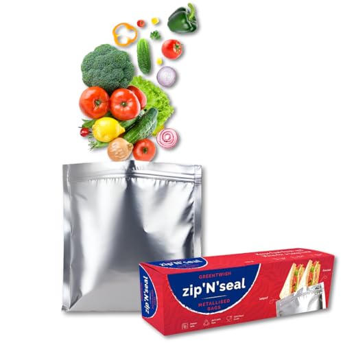 GREENTWISH Zip 'N' Seal (30 Bags) Metallised Silver Zip Lock Bags, Reusable Sandwich and Food Storage Bag, Airtight Foil Pouch with Zipper, Freezer Safe, Polyethylene | Size: Medium (8x9 Inch) - Image 1