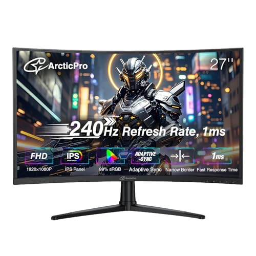 ArcticPro 27inch 240Hz Curved Gaming Monitor, FHD 1080p, 1ms Response Time, 4000:1 Contrast, PC Monitor, Adaptive sync, 3-Sided Frameless, Ultra Slim, 120% sRGB, Bluelight Filter,HDMI & DP Ports - Image 1