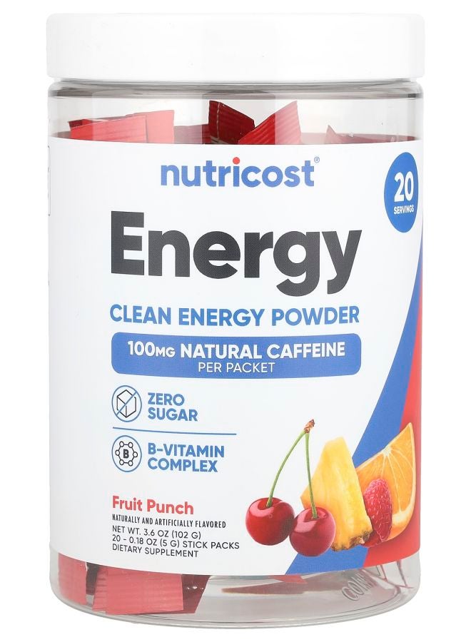 Nutricost Energy Clean Energy Powder Fruit Punch 20 Stick Packs 0.18 oz (5 g) Each