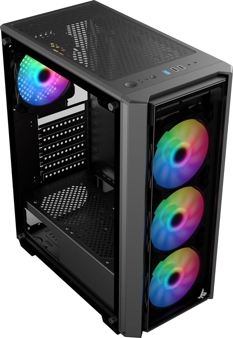 علبة حاسوب SHARX CASE STRIKER ARGB ATX مع لوحة أمامية شبكية (S-200)، 4 مراوح 120 مم مثبتة مسبقاً، جهاز تحكم عن بعد، لوحة جانبية زجاجية، منافذ: Type C*1 / USB3.0*1 / USB2.0*2. - Image 2