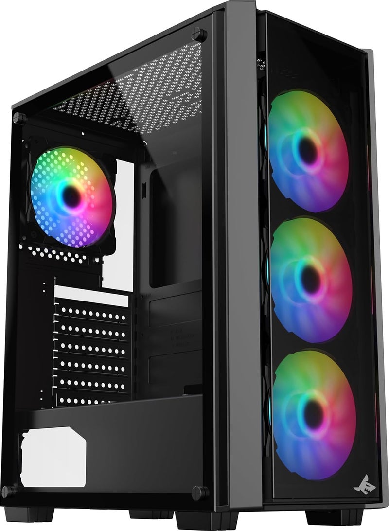 علبة حاسوب SHARX CASE STRIKER ARGB ATX مع لوحة أمامية شبكية (S-200)، 4 مراوح 120 مم مثبتة مسبقاً، جهاز تحكم عن بعد، لوحة جانبية زجاجية، منافذ: Type C*1 / USB3.0*1 / USB2.0*2. - Image 1