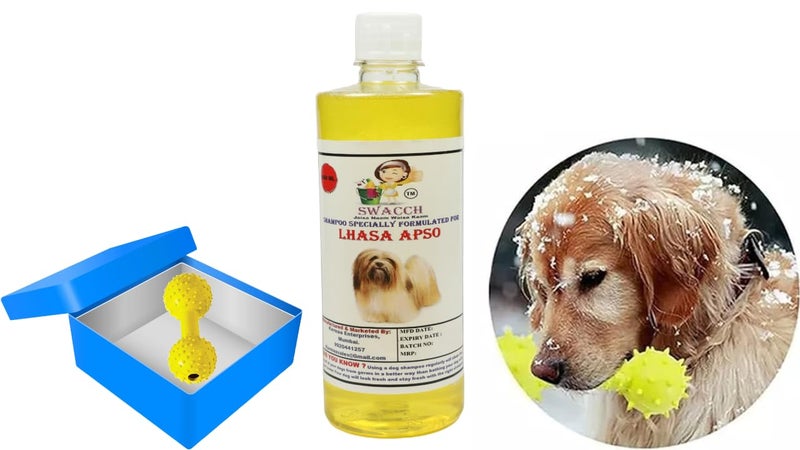 swacch Lhasa Apso Dog Shampoo + Dumbbell Toy I Durable Rubber Dog Toy for Chewing I Playing,Teeth Cleaning & Training Toy I Combo Pack I 500ml Lemon - Image 1