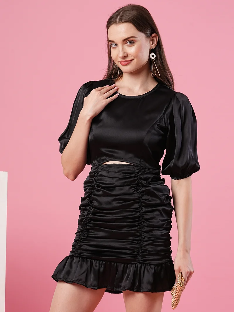 globus Women Puff Sleeve Satin Sheath Mini Dress