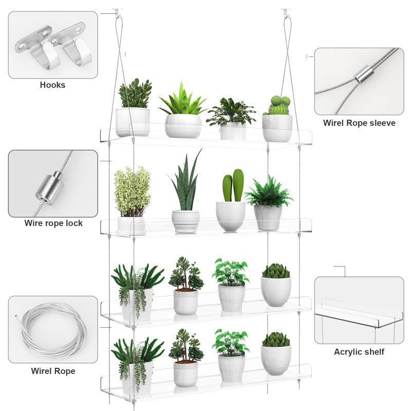 ZerzSemp 2-Pack Hanging Clear Plant Shelves for Windows, Acrylic Window Wall Plant Stand Shelf for Kitchen Indoor Gardens, Flower, Herb, Seedling Organization, and Pots Display, 16 Inch per Tier - Image 4