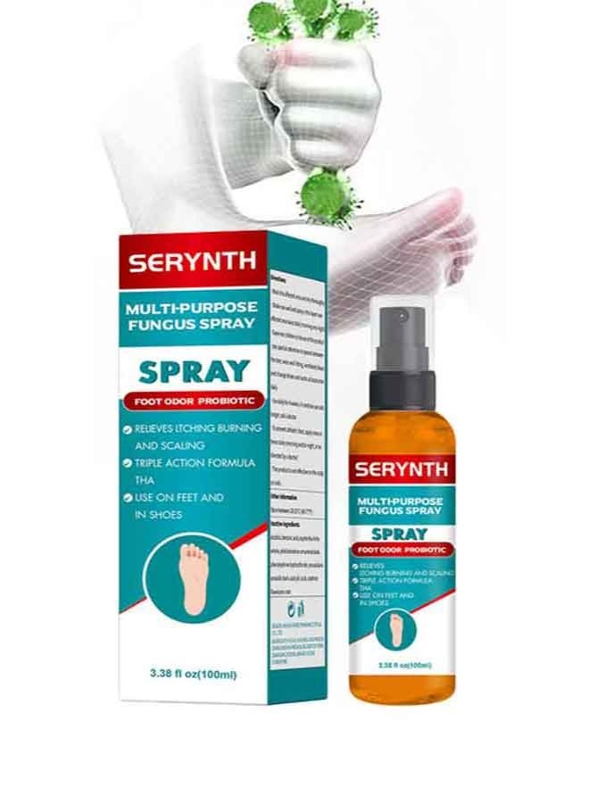 SERYNTH Foot Deodorant Spray, Antifungal Foot Spray, Probiotic Odor Eliminator, Effective Athletes Foot Treatment, Long Lasting Shoe & Sock Odor Removal, Sweat Resistant Dry Foot Care Spray, 100ML - Image 1