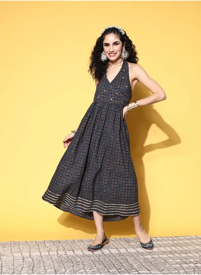ISHIN Aline Fit Self Design Pattern Halter Neck Neck 3/4 sleeve Navy Blue Colour Knitted Cotton Dresses for Women with Semi Elastic Closure - Designed with Style and Comfort