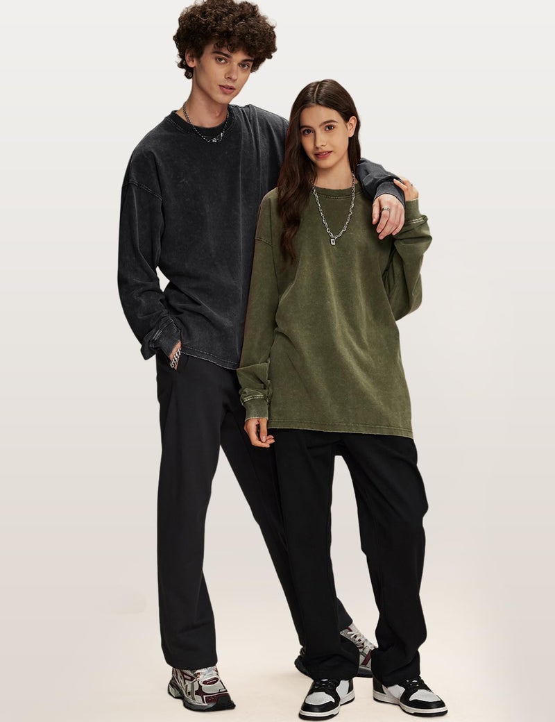 Arssm 3 Pack Mens Oversized T-Shirts Cotton Long Sleeve Tshirts Vintage Acid Wash Baggy Tees(BlackGreyArmy-L) - Image 2