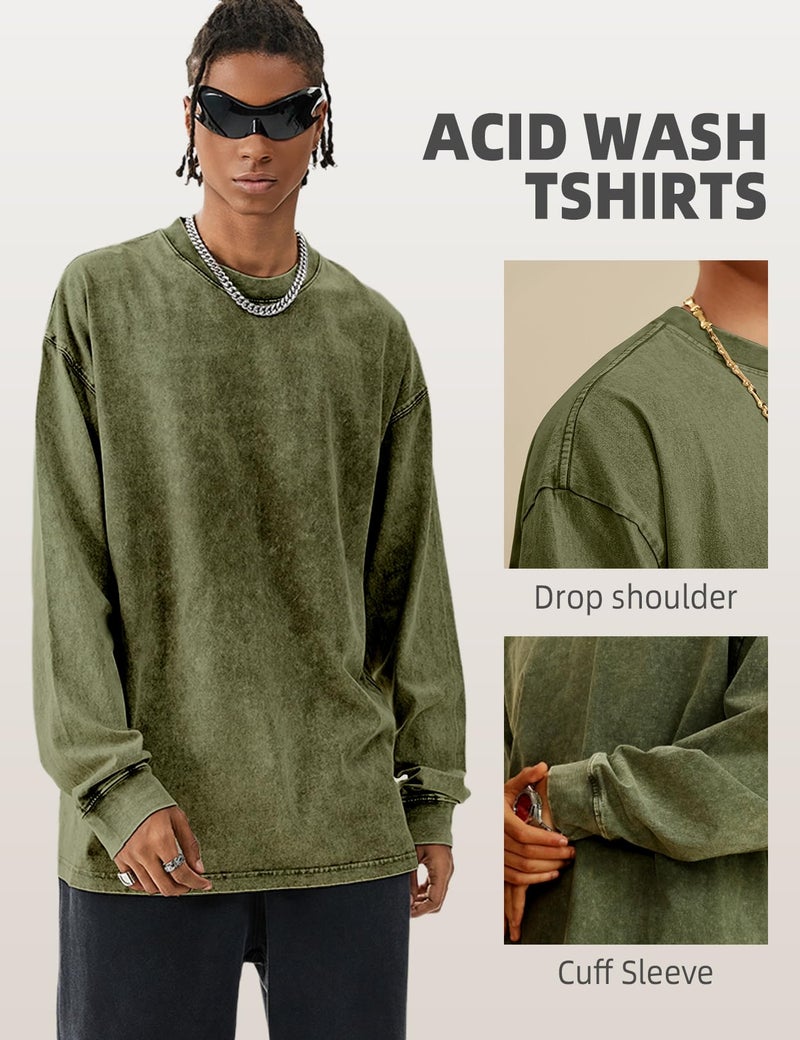 Arssm 3 Pack Mens Oversized T-Shirts Cotton Long Sleeve Tshirts Vintage Acid Wash Baggy Tees(BlackGreyArmy-L) - Image 4