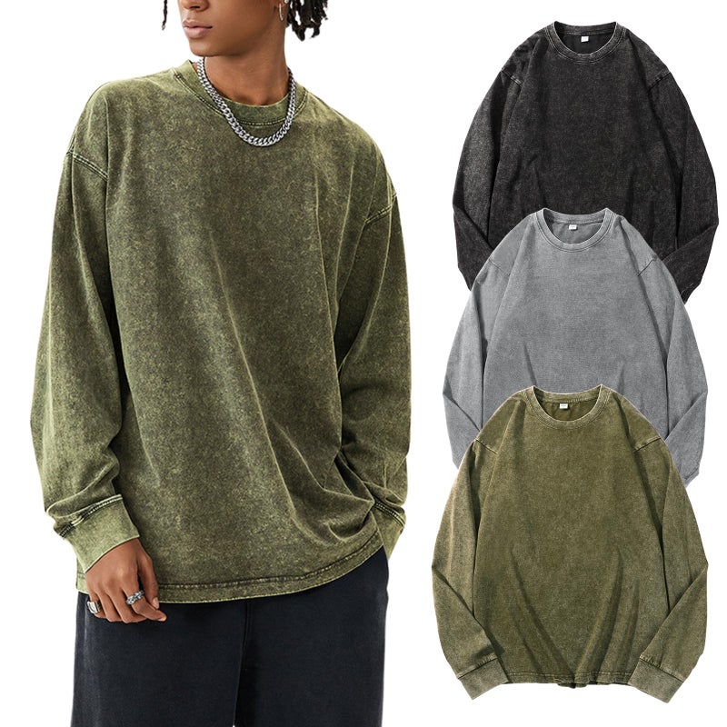 Arssm 3 Pack Mens Oversized T-Shirts Cotton Long Sleeve Tshirts Vintage Acid Wash Baggy Tees(BlackGreyArmy-L) - Image 1