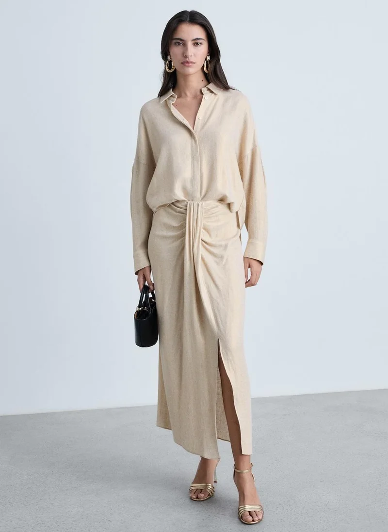 MANGO Linen Blend Draped Midi Skirt