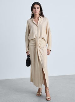MANGO Linen Blend Draped Midi Skirt  - Image 3