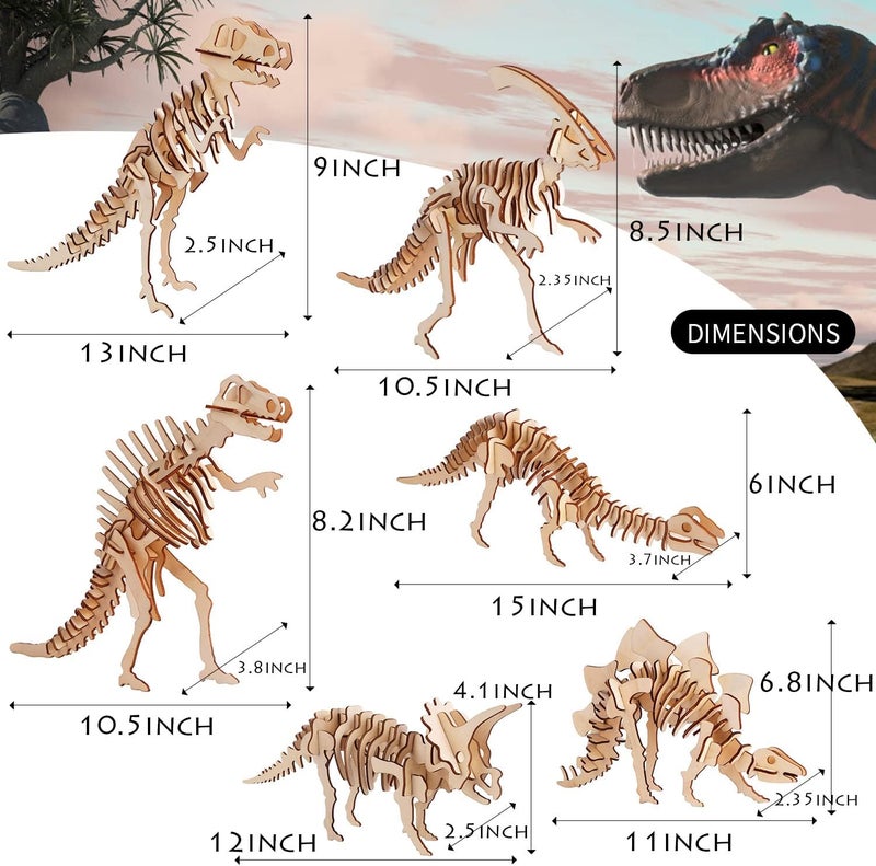 Calary 3D Wooden Puzzle Simulation Animal Dinosaur Assembly DIY Model Toy for Kids and Adults,Set of 6 - Image 4