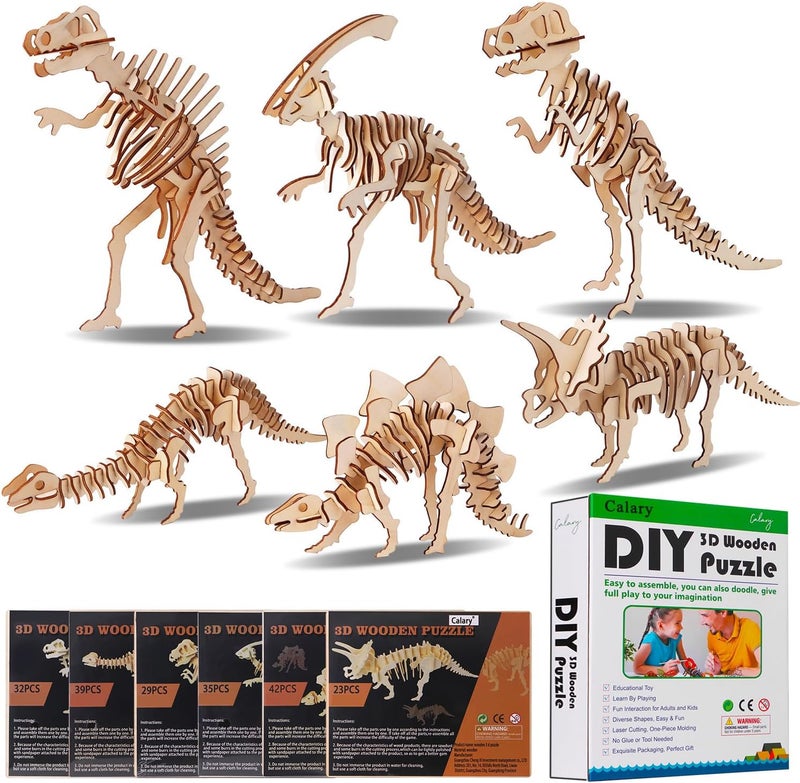 Calary 3D Wooden Puzzle Simulation Animal Dinosaur Assembly DIY Model Toy for Kids and Adults,Set of 6 - Image 1