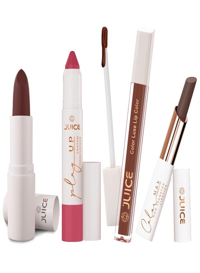Juice Long Lasting, 4pc Lipstick Combo Set For Women(Merlot-M07 Bullet Lipstick, Coral Charm-MCR06 Play up Lip Crayon, Dark Brown-M12 Liquid Lipstick, Caramelized-M18 Slim Stick) - Image 1