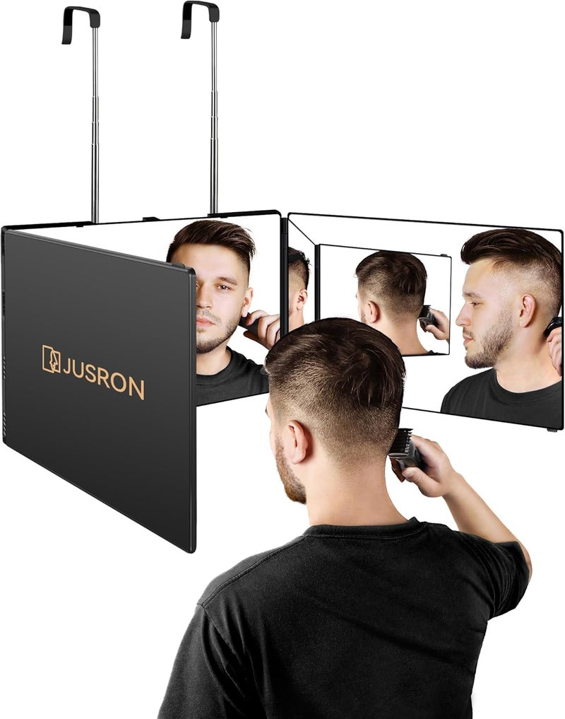 JUSRON 3 Way Mirror for Self Hair Cutting, 360° Trifold Barber Mirror to See Back of Head, DIY Haircut Tool for Hair Coloring, Braiding & Shaving, Black - Image 1