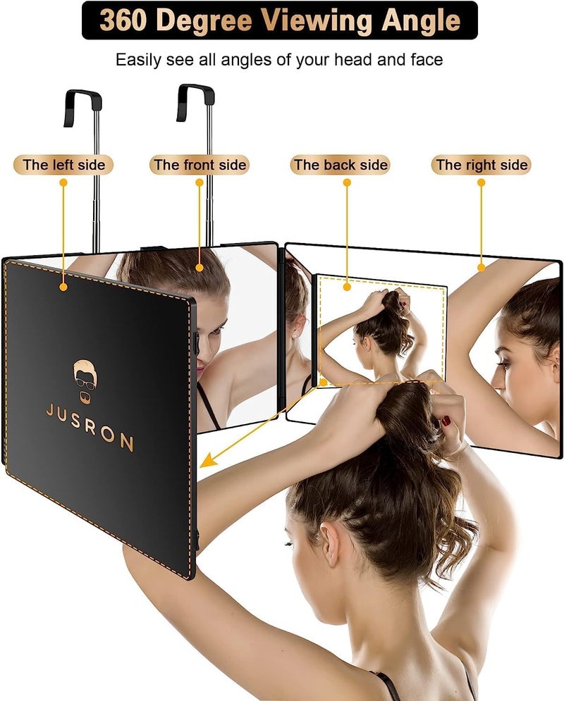 JUSRON 3 Way Mirror for Self Hair Cutting, 360° Trifold Barber Mirror to See Back of Head, DIY Haircut Tool for Hair Coloring, Braiding & Shaving, Black - Image 2