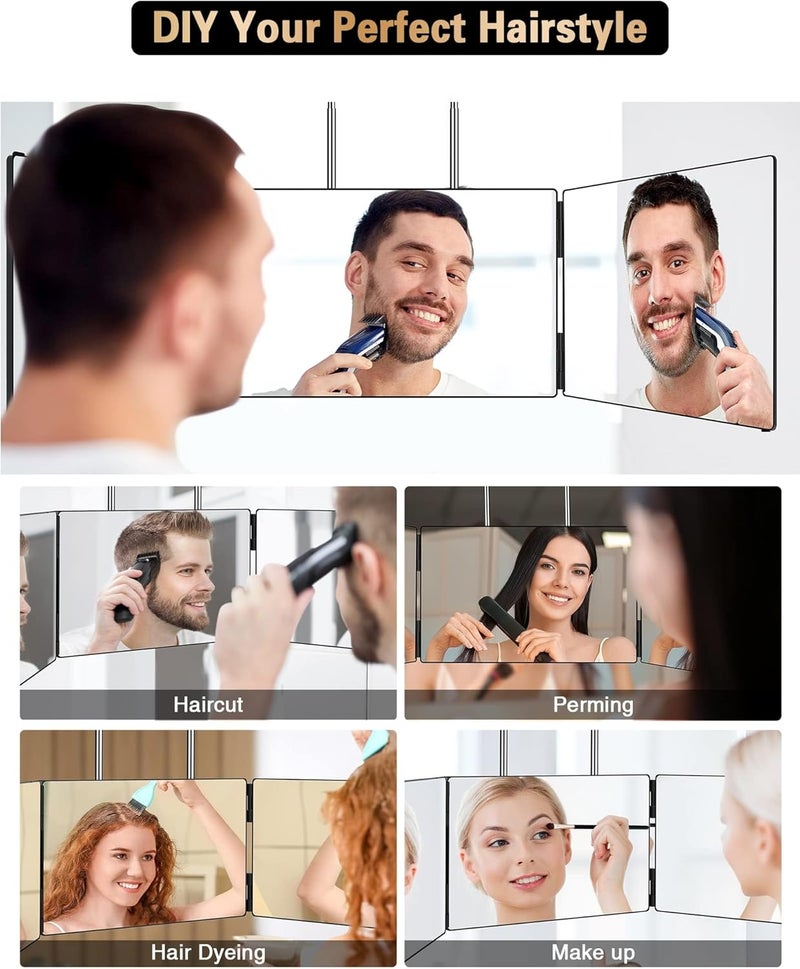 JUSRON 3 Way Mirror for Self Hair Cutting, 360° Trifold Barber Mirror to See Back of Head, DIY Haircut Tool for Hair Coloring, Braiding & Shaving, Black - Image 4