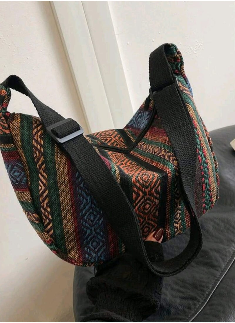 Shein - Large Capacity Dumpling Bag 2025 Women's Bag Retro Striped Canvas Shoulder Bag - Image 1