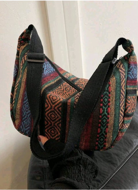Large Capacity Dumpling Bag 2025 Women's Bag Retro Striped Canvas Shoulder Bag