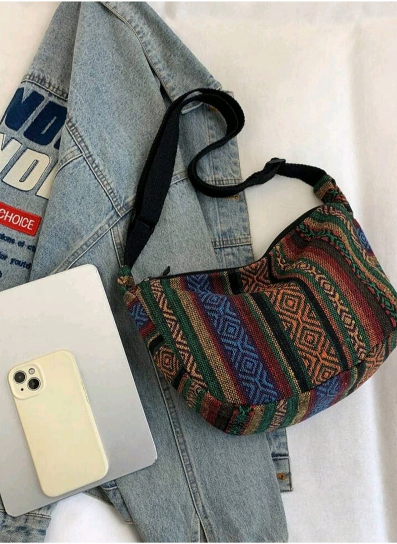 Shein - Large Capacity Dumpling Bag 2025 Women's Bag Retro Striped Canvas Shoulder Bag - Image 1