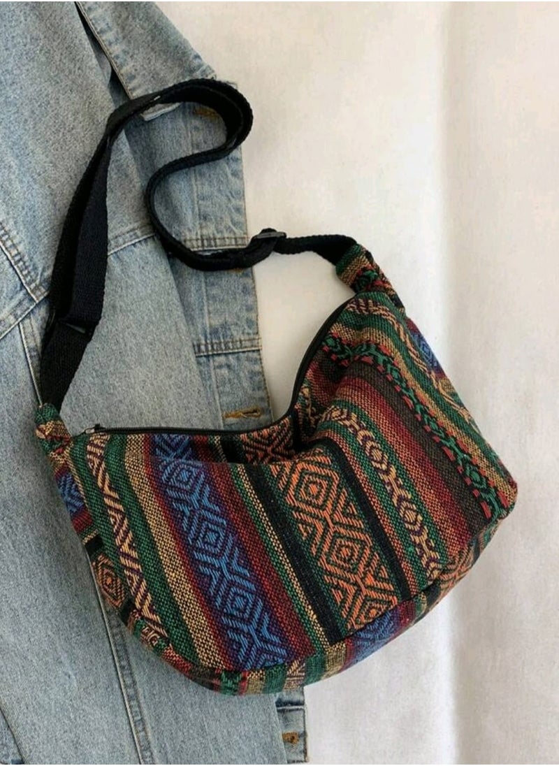 Shein - Large Capacity Dumpling Bag 2025 Women's Bag Retro Striped Canvas Shoulder Bag - Image 1