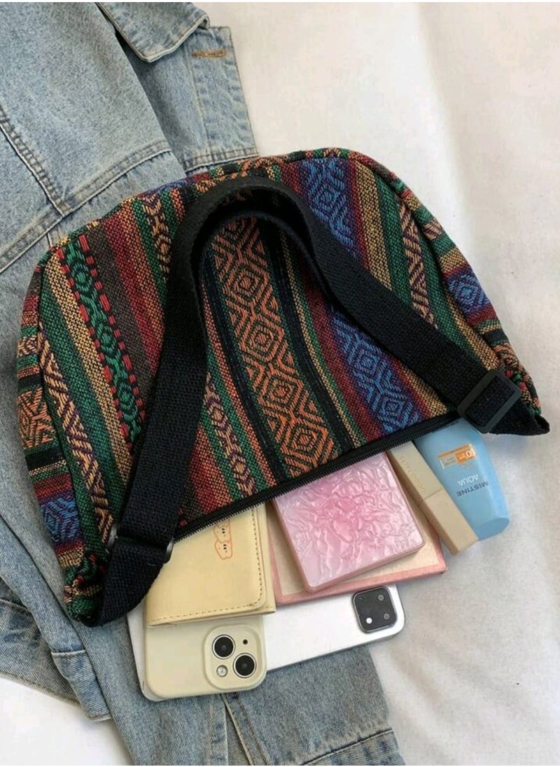 Shein - Large Capacity Dumpling Bag 2025 Women's Bag Retro Striped Canvas Shoulder Bag - Image 1