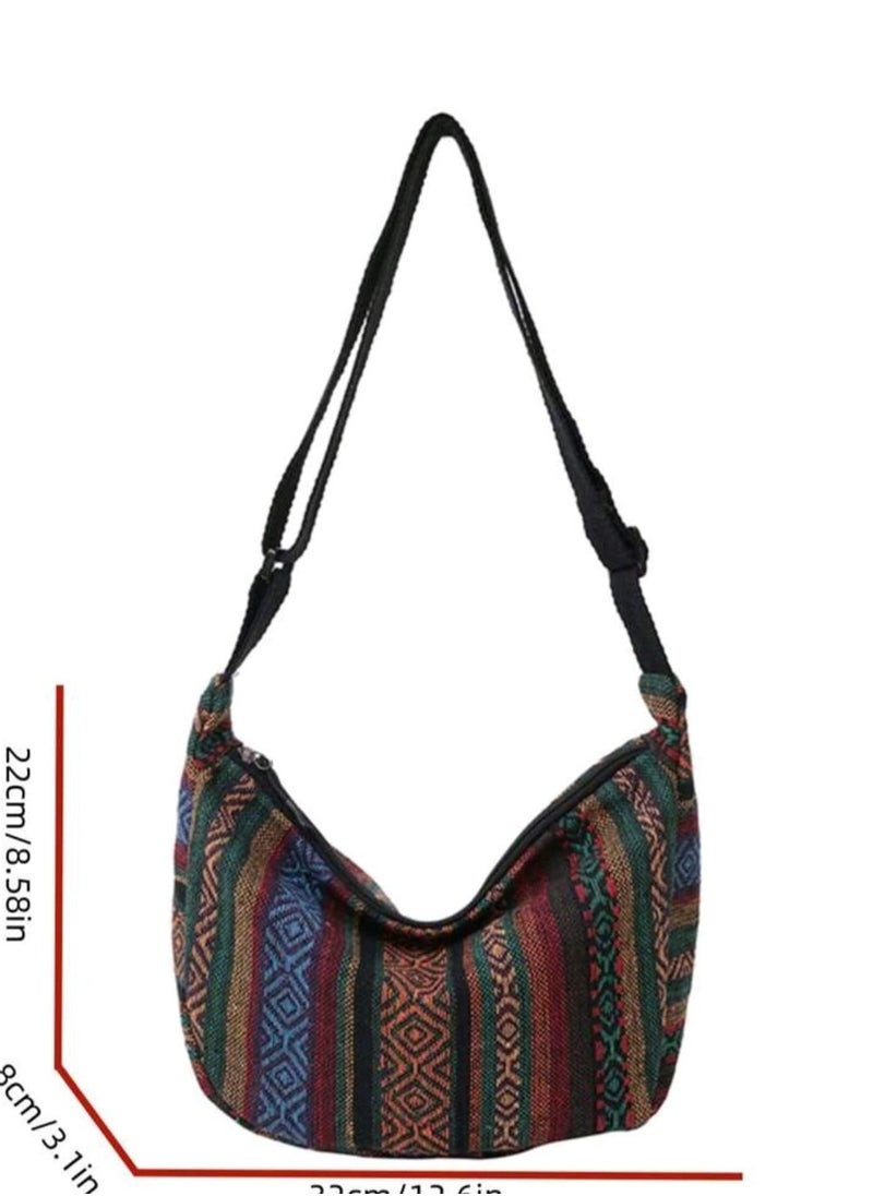 Shein - Large Capacity Dumpling Bag 2025 Women's Bag Retro Striped Canvas Shoulder Bag - Image 1