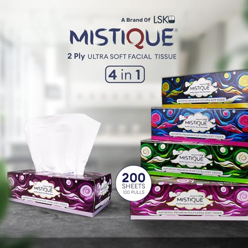 MISTIQUE Ultra Soft 2 Ply Facial Tissue Paper Box | 400 Pulls | 100 Pulls x 4 Boxes | Natural Virgin Pulp | Skin Friendly & Highly Absorbent | Car, Home & Office Use | Sheet Size (20 * 20) cm - Image 2