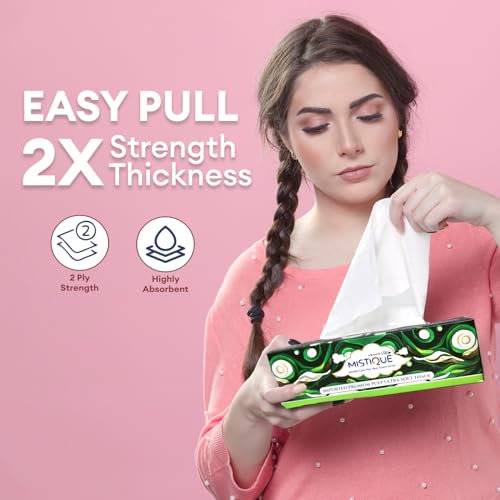 MISTIQUE Ultra Soft 2 Ply Facial Tissue Paper Box | 400 Pulls | 100 Pulls x 4 Boxes | Natural Virgin Pulp | Skin Friendly & Highly Absorbent | Car, Home & Office Use | Sheet Size (20 * 20) cm - Image 3