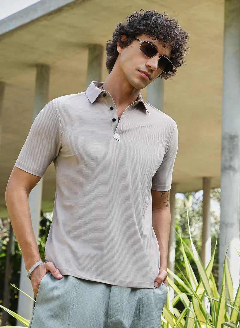 كامبوس سوترا تيشيرت بولو رجالي رمادي بدون خياطة بنقشة الوافل