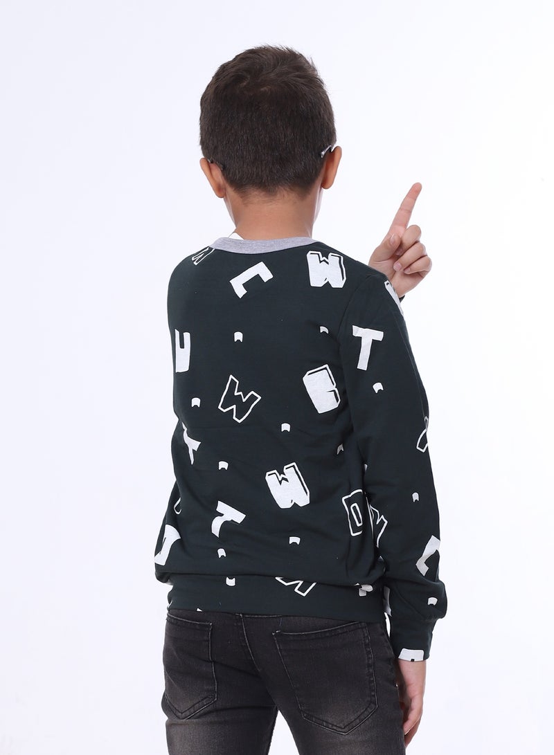 بيبو بلوزة للأولاد مطبوعة بأكمام طويلة_اخضر غامق - Image 3