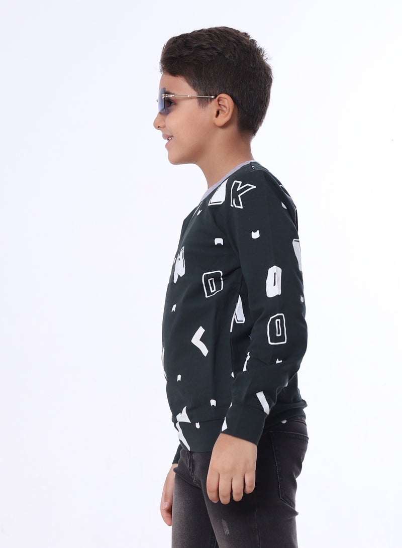 بيبو بلوزة للأولاد مطبوعة بأكمام طويلة_اخضر غامق - Image 2