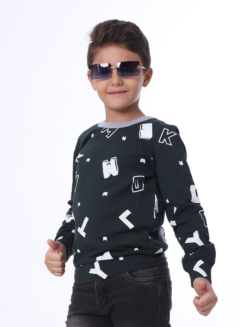 بيبو بلوزة للأولاد مطبوعة بأكمام طويلة_اخضر غامق - Image 1