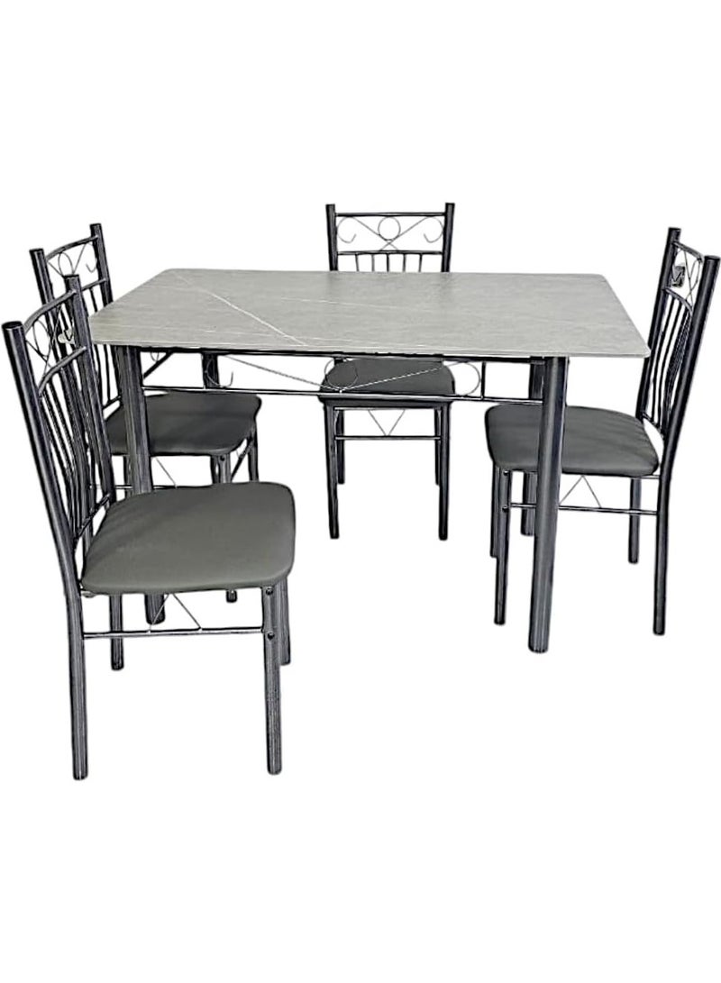 KARNAK Modern Design 1+4 DS27-White Dining Table Set with Marble Top, Stainless Steel Legs, and PVC Leather Chairs GREY - Image 1