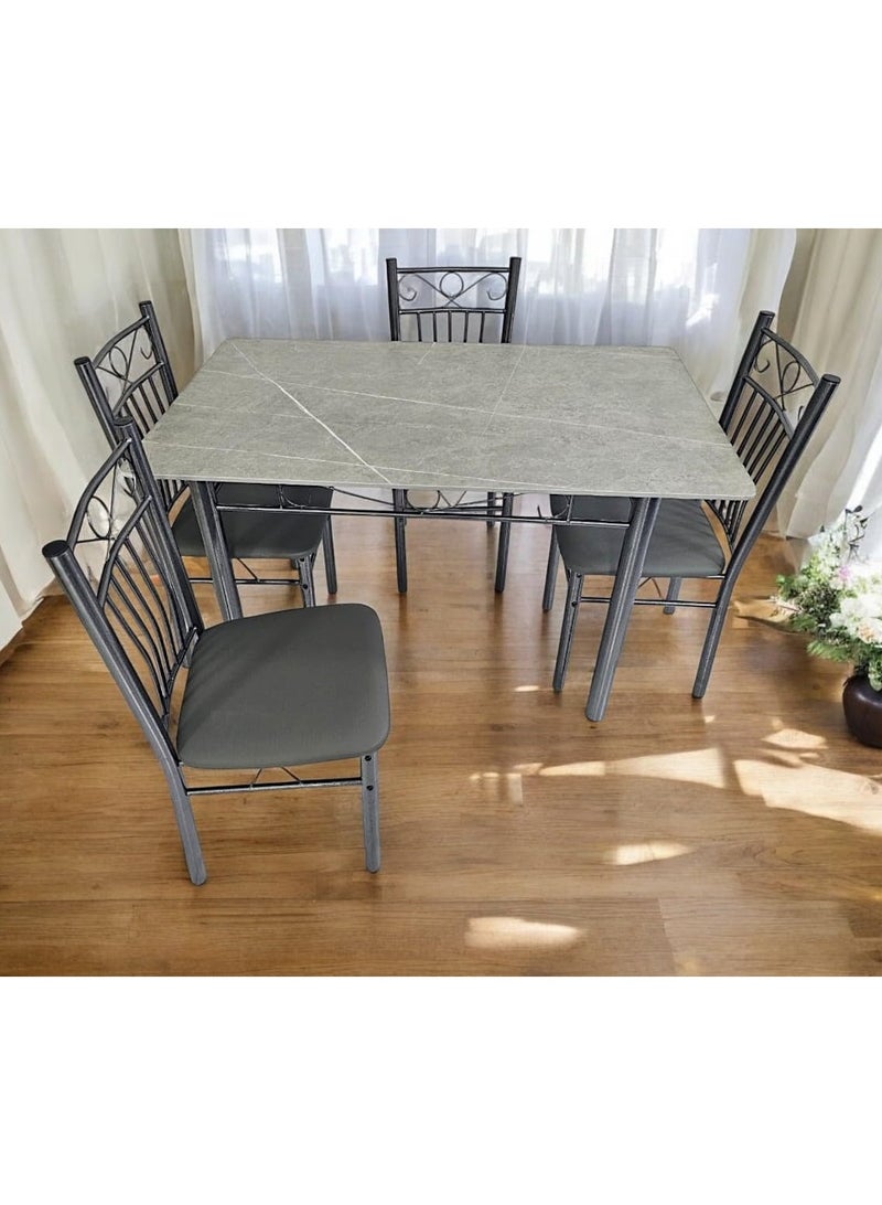 KARNAK Modern Design 1+4 DS27-White Dining Table Set with Marble Top, Stainless Steel Legs, and PVC Leather Chairs GREY - Image 3