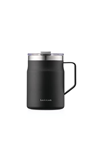 LocknLock Metro Mug Premium 18/8 Stainless Steel Double Wall Insulated with Handle Perfect for table with Lid, Black, 16 oz - Image 1