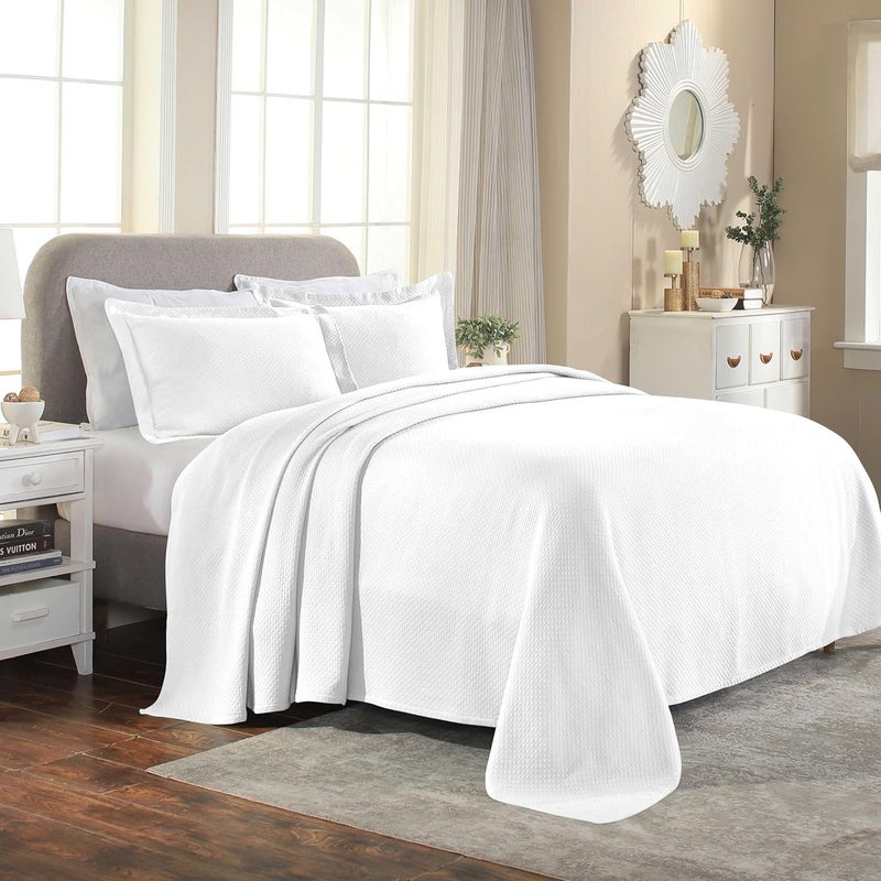 Superior Solitaire Cotton 2 Piece Bedspread Set Home Bed Decor Decorative Textured Bed Spread 1 Pillow Sham Airy Blanket Matelasse Coverlet Bedding AllSeason Accent Blanket Twin White