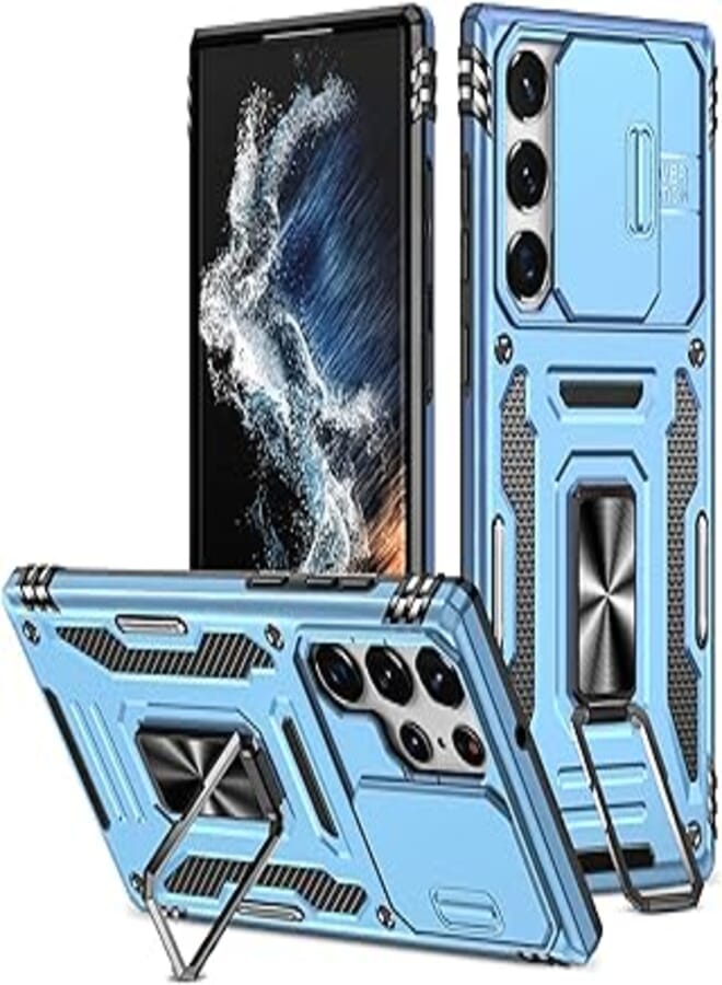 Saiboro Armor Case for Samsung S22 Ultra Case with Slide Camera Cover,180° & 360°Ring Magnetic Car Mount Kickstand,Hard PC & Soft TPU 2 Layer Protective for Samsung Galaxy S22 Ultra Case(Sea Blue)