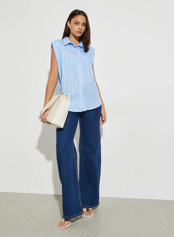 Styli Blue Striped Sleeveless Shirt with Shoulder Pads