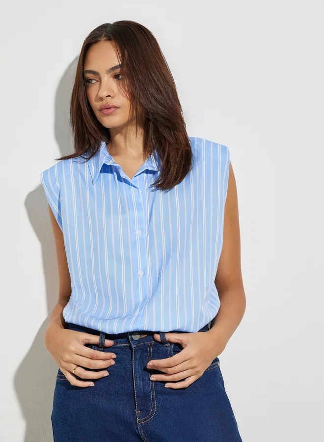 Styli Blue Striped Sleeveless Shirt with Shoulder Pads