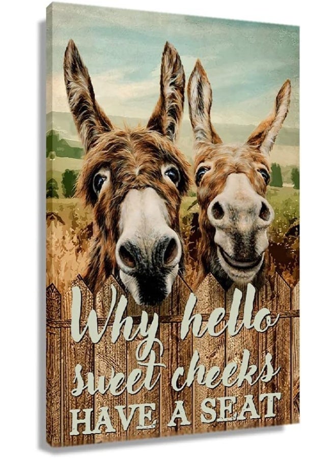 Busmko Funny Quotes Bathroom Wall Decor Canvas Paintings Why Hello Sweet Cheeks Have a Seat Hilarious Donkey Animal Poster Print Wall Art for Powder Room Vertical Vintage Artwork Decoration - Image 1