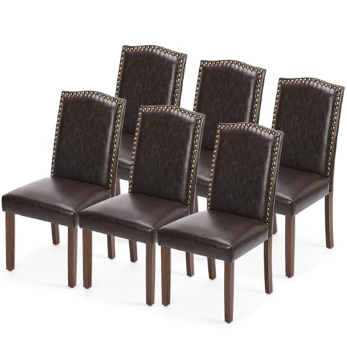 DUMOS Dining Chairs Set of 6, Moden PU Leather Kitchen Table Chairs with Wooden Legs and Padded Seat for Dining Room/Kitchen/Living Room/Restaurant, Brown - Image 1