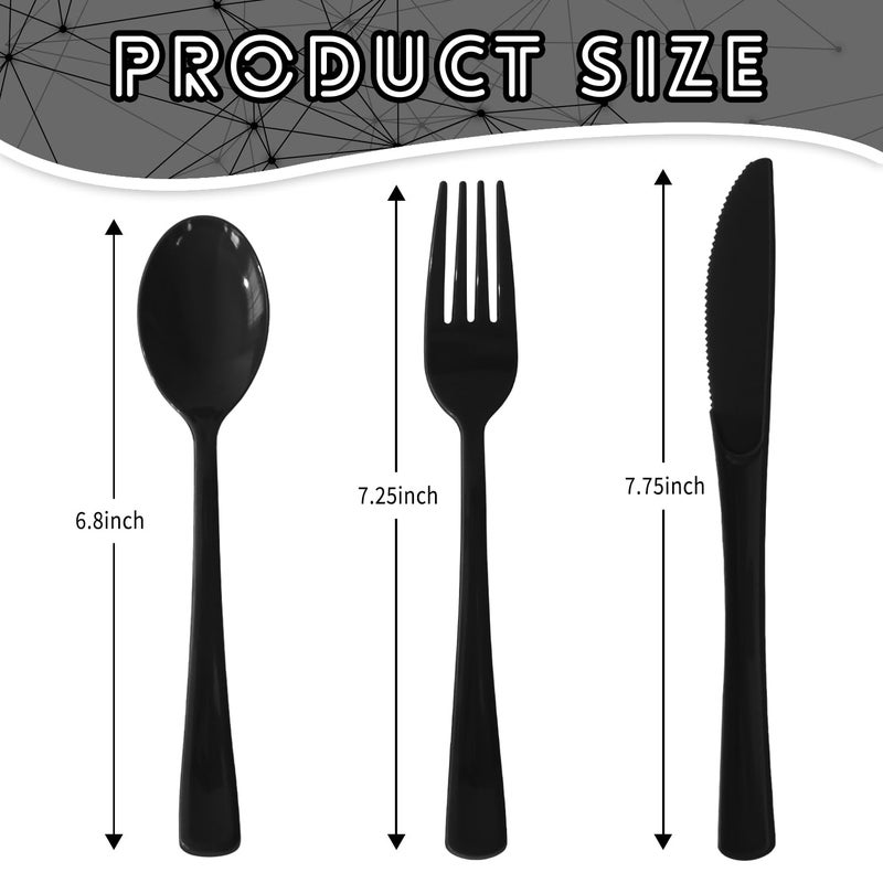 JSQBSECL 150 Pack Plastic Silverware Disposable Cutlery Set Heavy Duty Utensil Sets 50 Forks 50 Knives 50 Spoons for Brithday  Wedding Home Office School Party Picnics (Black) - Image 1