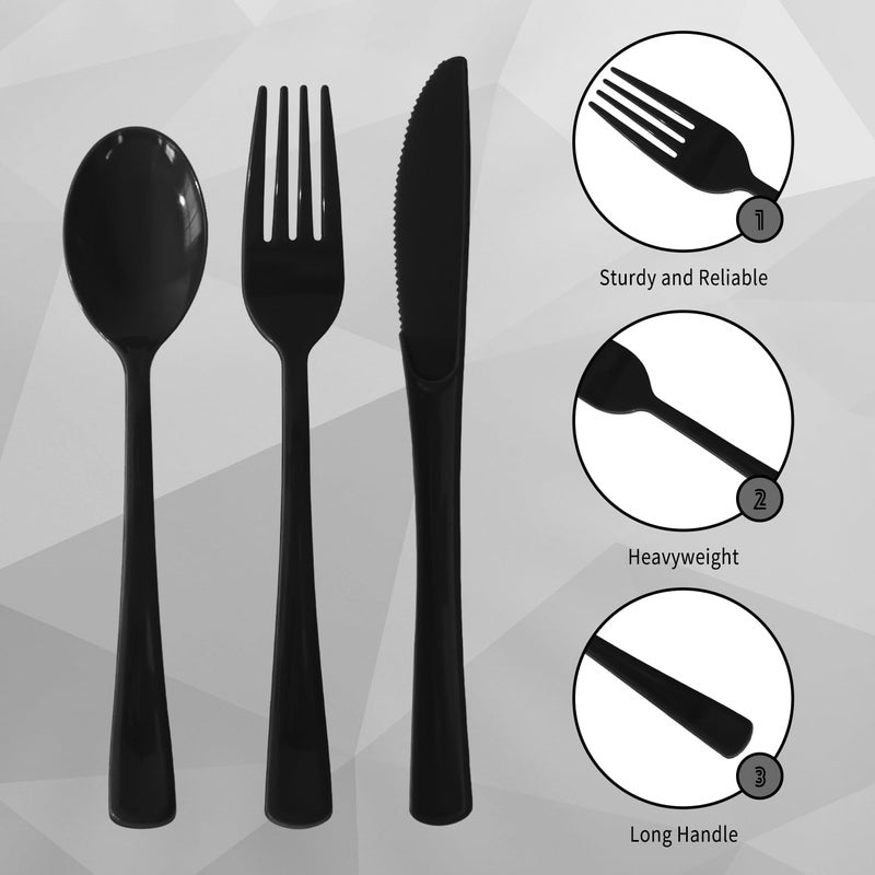 JSQBSECL 150 Pack Plastic Silverware Disposable Cutlery Set Heavy Duty Utensil Sets 50 Forks 50 Knives 50 Spoons for Brithday  Wedding Home Office School Party Picnics (Black) - Image 2
