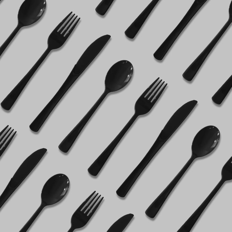 JSQBSECL 150 Pack Plastic Silverware Disposable Cutlery Set Heavy Duty Utensil Sets 50 Forks 50 Knives 50 Spoons for Brithday  Wedding Home Office School Party Picnics (Black) - Image 3