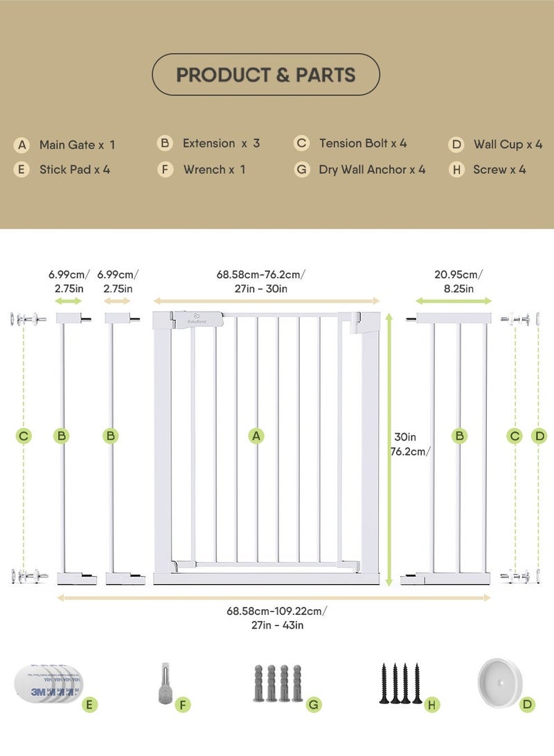 BabyBond Baby Gate for Stairs Doorways, Fits Openings 69CM to 109CM Wide, Auto Close Extra Wide Dog Gate for House, Pressure Mounted Easy Walk Through Pet Gate with Door, White - Image 4