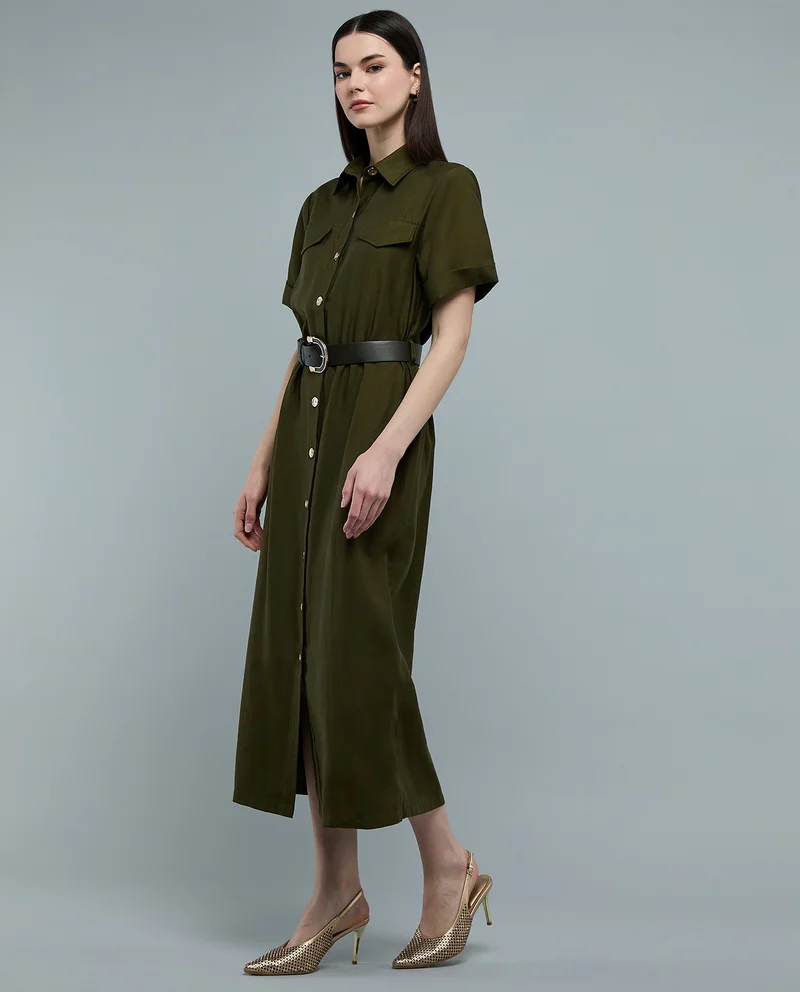 أر أند بي Solid Shirt Dress with Classic Collar and Short Sleeves